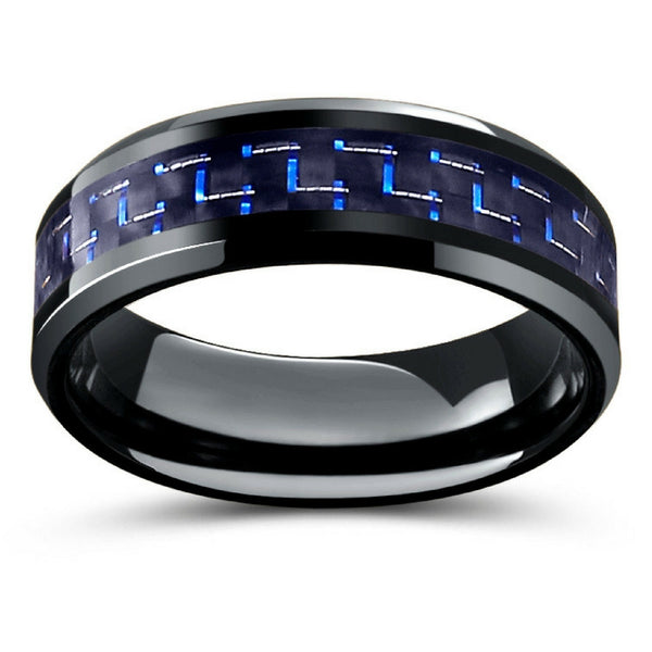 Beautiful Royal Blue Titanium Ring with Black and Electric Blue Carbon  Fiber Inlay.