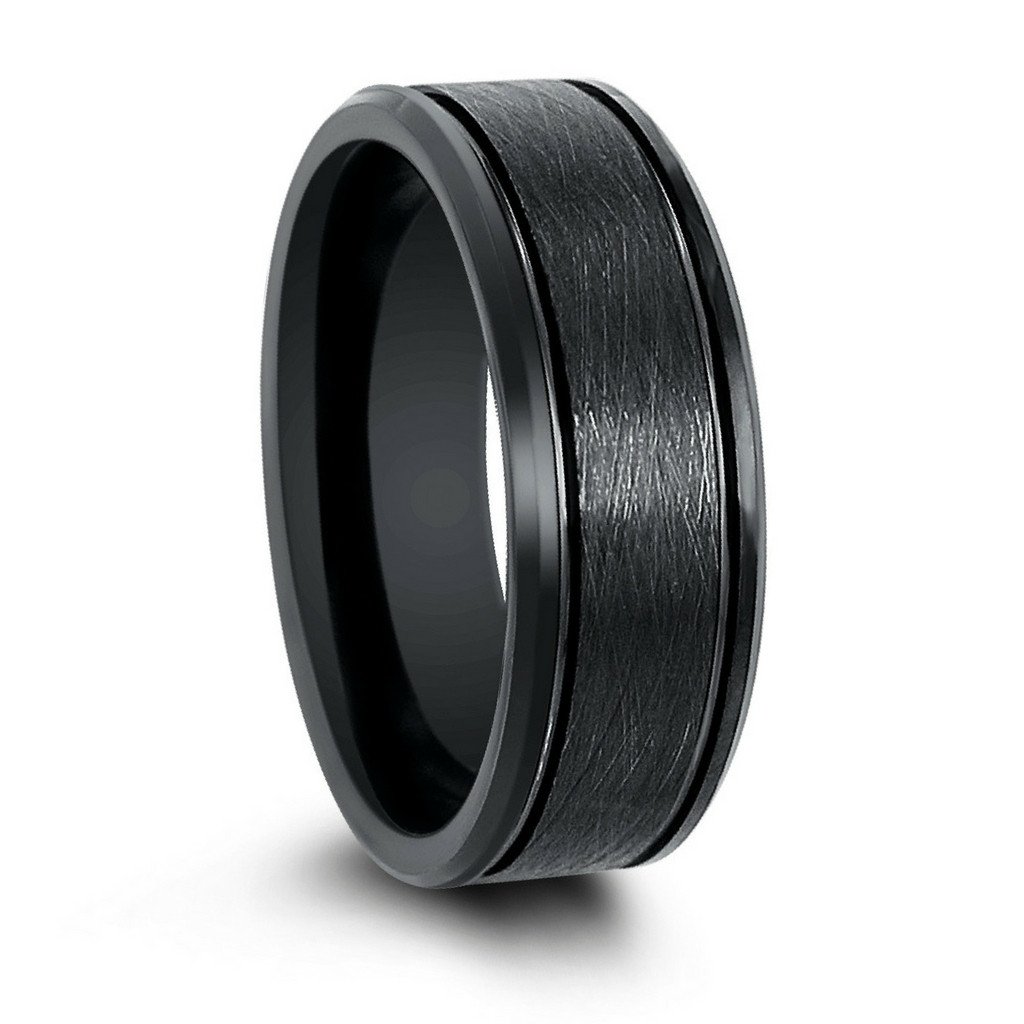8mm Mens Black Tungsten Wedding Band With Brushed Textured Center, Two Channel Grooves and Polished Beveled Edges 