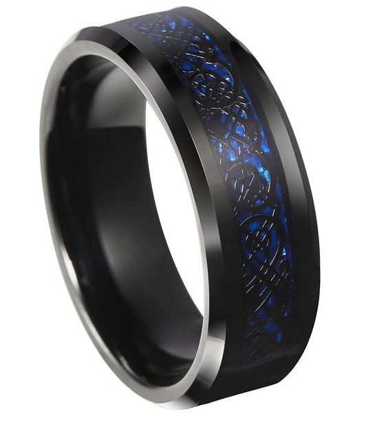 8mm Celtic Blue & Black  Tungsten Carbide Ring With Dragon Inlay Design With Carbon Fiber - NorthernRoyal