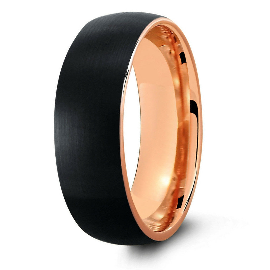 BLACK BRUSHED TUNGSTEN RING WITH ROSE GOLD INTERIOR