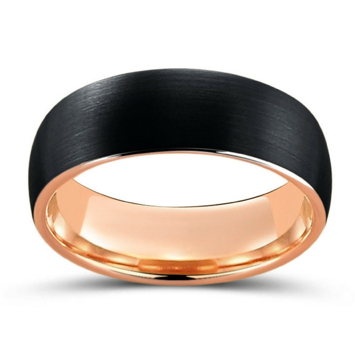 BLACK BRUSHED TUNGSTEN RING WITH ROSE GOLD INTERIOR