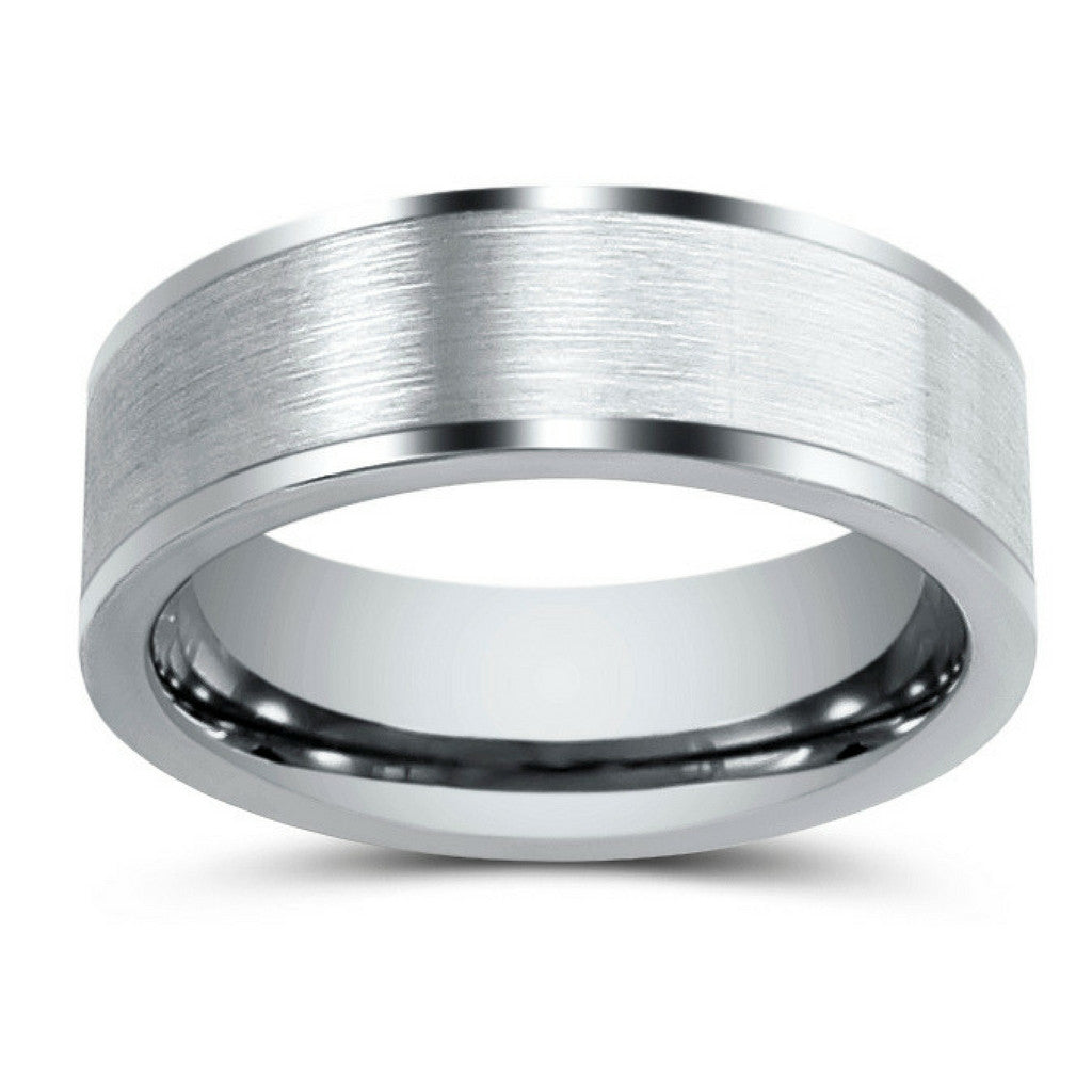 8mm Mens Silver Tungsten Pipe Cut Wedding Band With Brushed Center and Polished Edges 