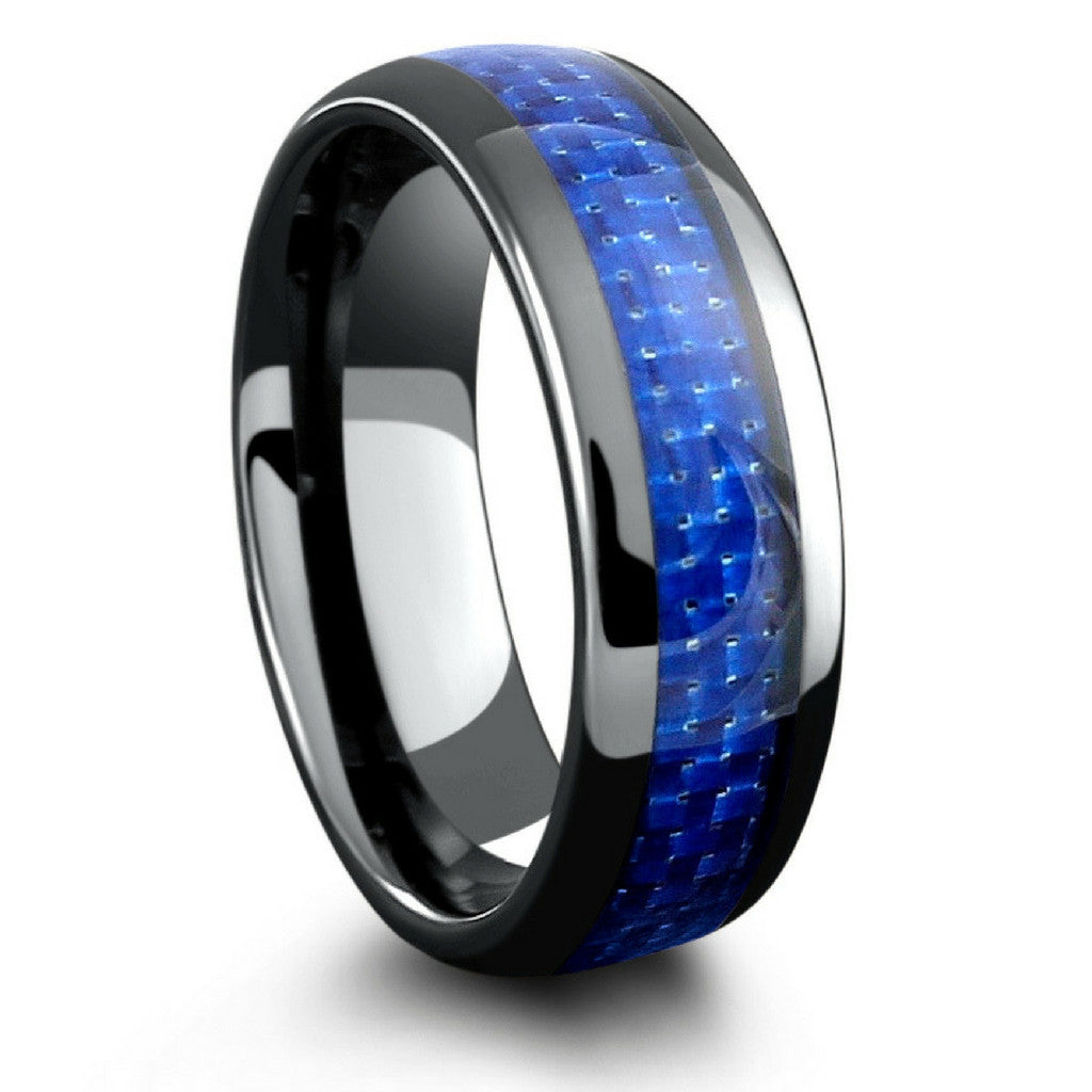 Mens Black Ceramic Wedding Band With Blue Woven Carbon Fiber Inlay