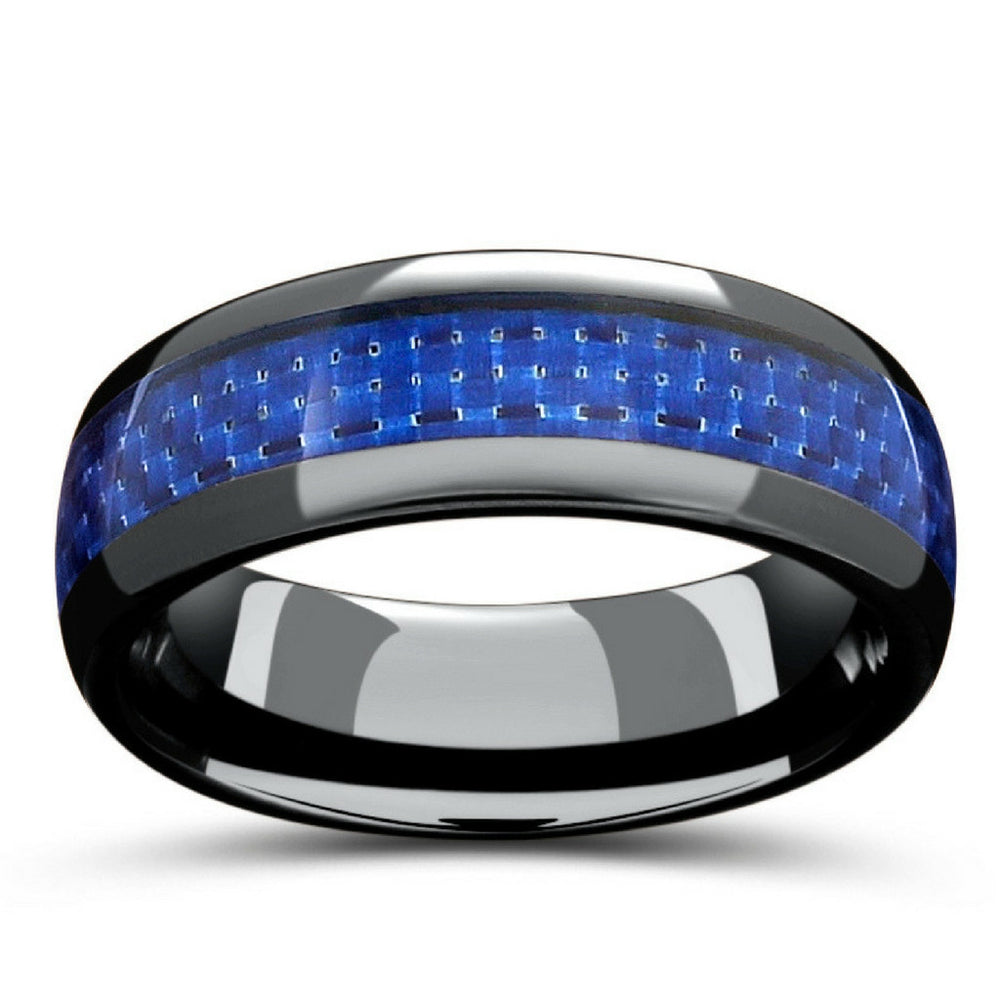 Mens Black Ceramic Wedding Band With Blue Woven Carbon Fiber Inlay