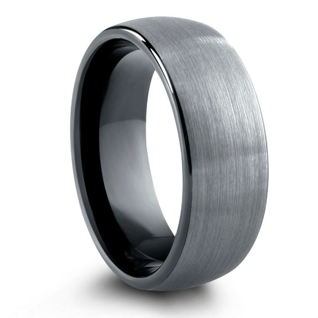 8mm OR 6mm Brushed Domed Tungsten Wedding Ring With Black Polish Inside