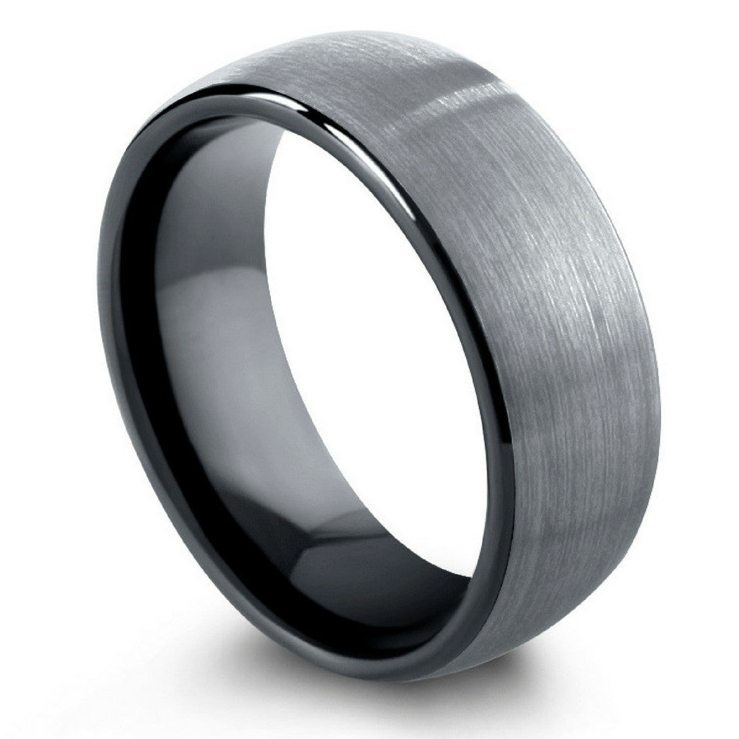 8mm OR 6mm Brushed Domed Tungsten Wedding Ring With Black Polish Inside