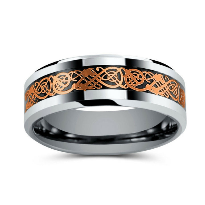 8mm Tungsten Carbide Ring With Celtic Rose Gold Dragon Inlay