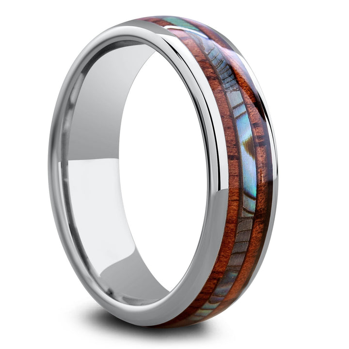 Men's Or Womens Koa Wood Ring With Abalone Stripe