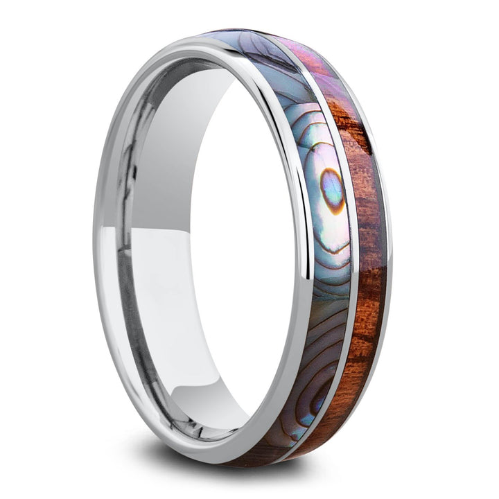 Abalone Koa Wooden Ring Crafted Out Of Tungsten