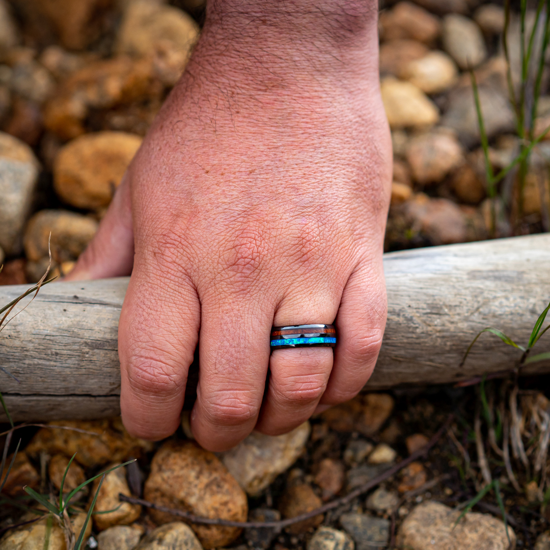 Men's Black Opal and Wood Wedding Ring