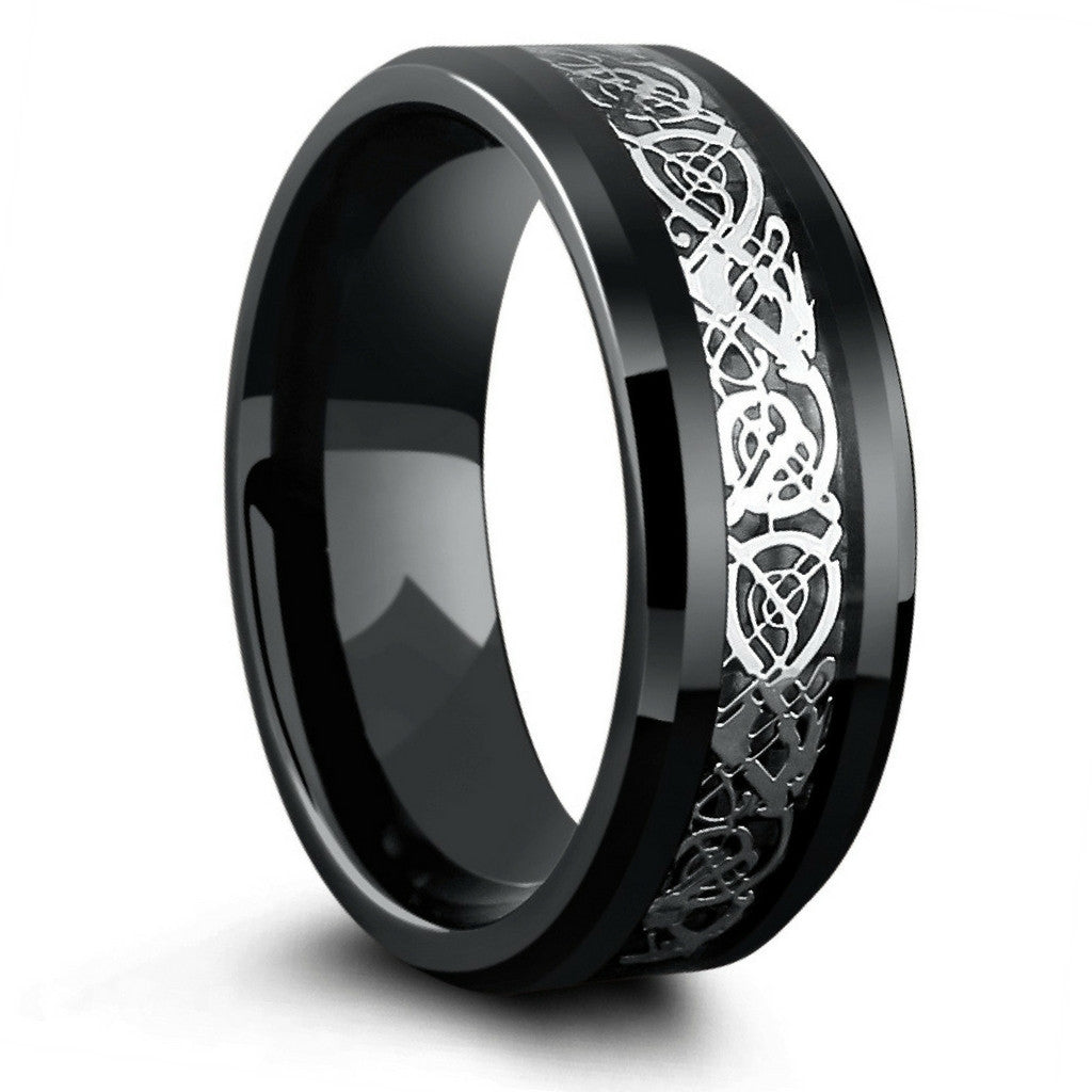 8mm Black Tungsten Wedding Band With Silver Celtic Design