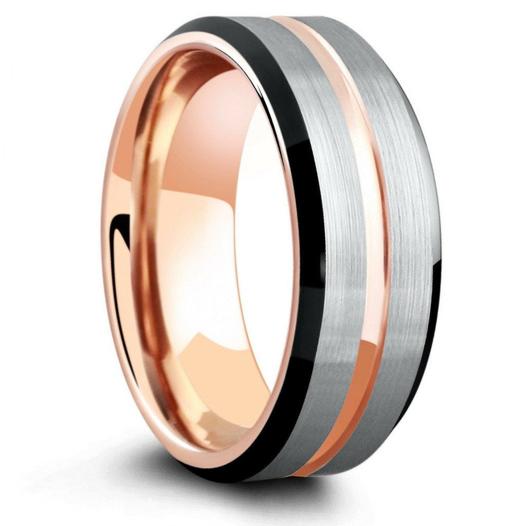 Men's Tungsten Wedding Band With Rose Gold, Black, and Silver