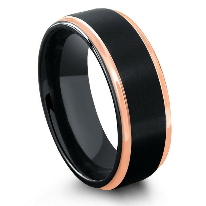 Black Tungsten Wedding Band With Step Down Polish Rose Gold Edges