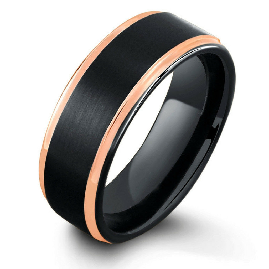 Black Tungsten Wedding Band With Step Down Polish Rose Gold Edges