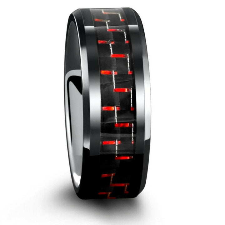 8mm Mens Black Tungsten Wedding Band With Black & Red Carbon Fiber Inlay