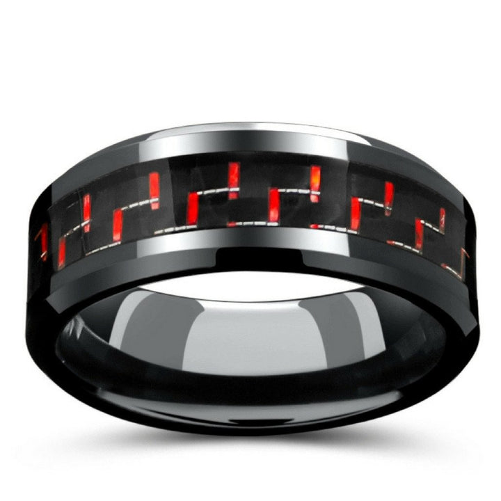 8mm Mens Black Tungsten Wedding Band With Black & Red Carbon Fiber Inlay