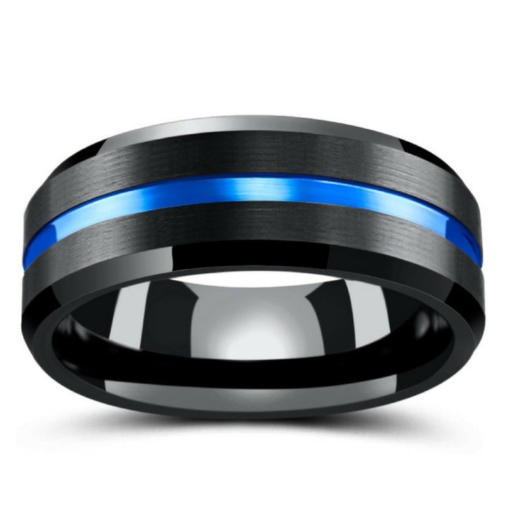 Charcoal Black Tungsten Wedding Ring With Blue Carved Channel