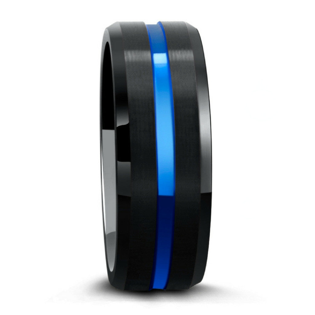 Charcoal Black Tungsten Wedding Ring With Blue Carved Channel