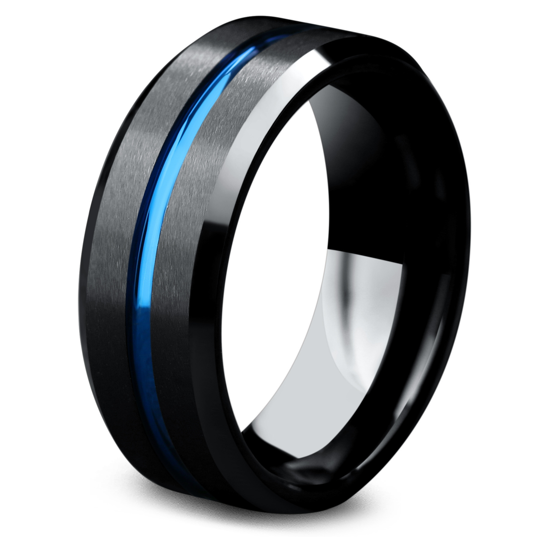 Blue Ocean Black - 8mm & 6mm Charcoal Black Tungsten Wedding Ring With ...