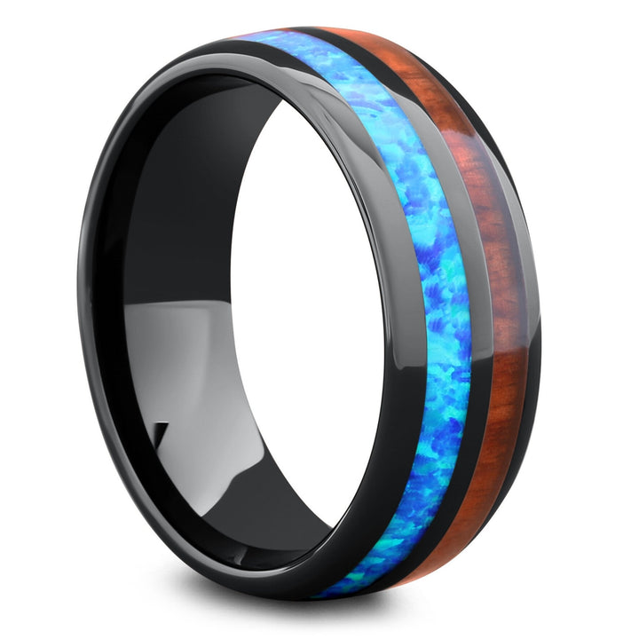 Opal Wooden Wedding Ring - Mens Unique Wooden Wedding Ring