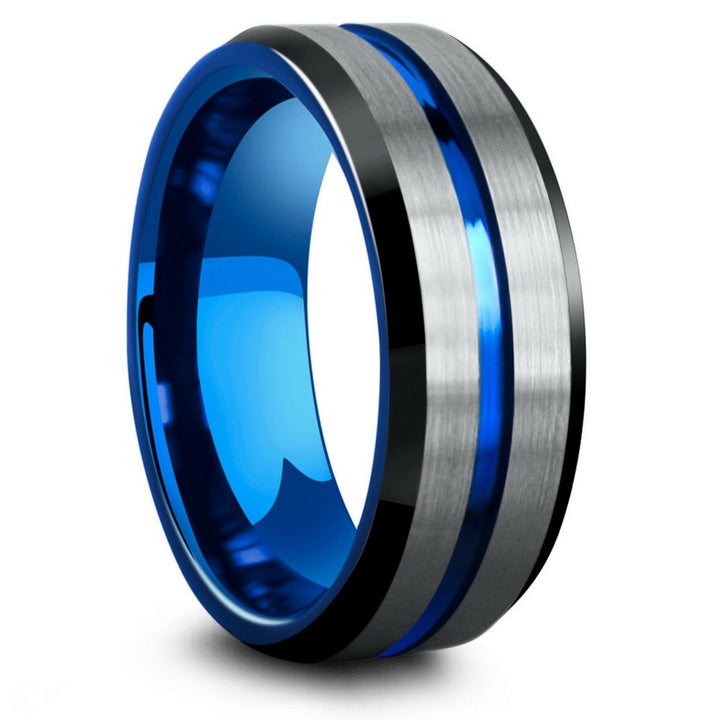 Mens Black, Silver, and Blue Tungsten Wedding Ring