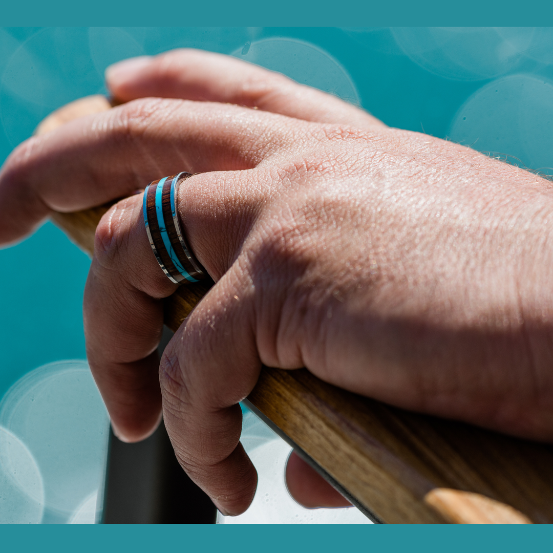 Men's Wood Wedding Ring With Turquoise stripe