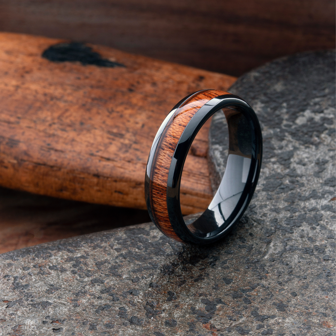 Mens Polished Black Wooden Wedding Ring With Wood Inlay