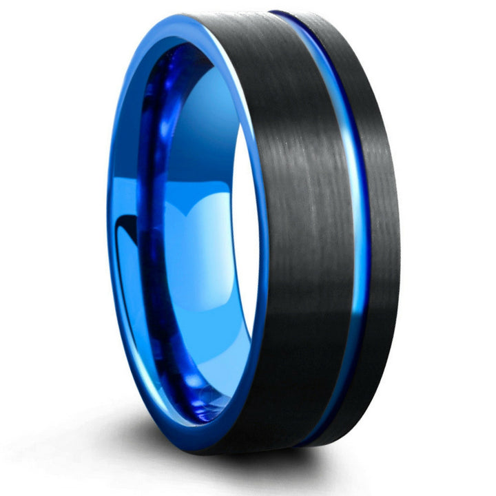 Mens Black & Blue Brushed Tungsten Wedding Ring - Pipe Cut