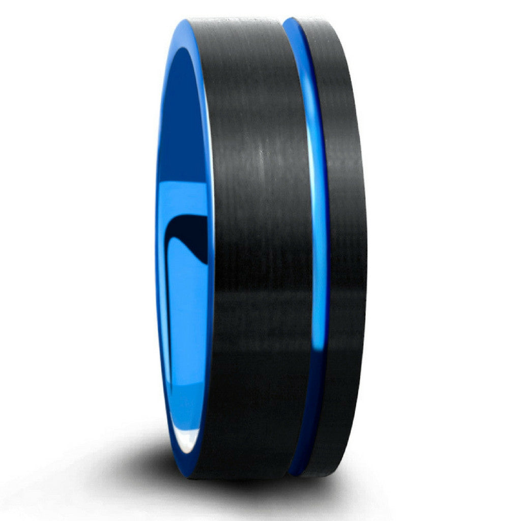 Mens Black & Blue Brushed Tungsten Wedding Ring - Pipe Cut