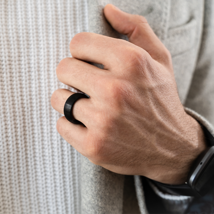 Men's Black Wedding Band | Men's Black Wedding Ring With Brushed Textured Top
