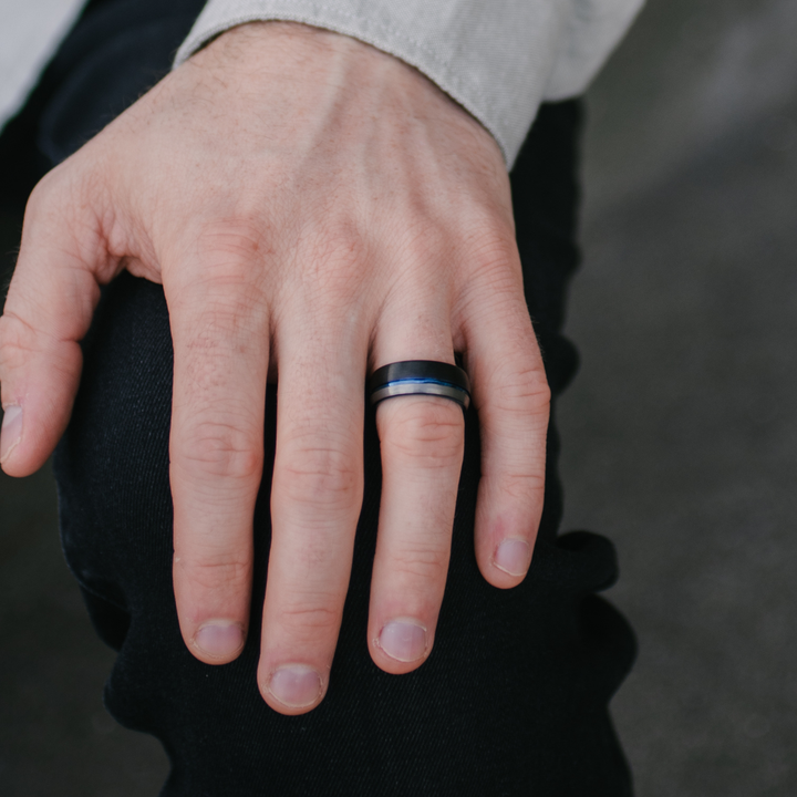Men's Black, Blue, and Silver Wedding band