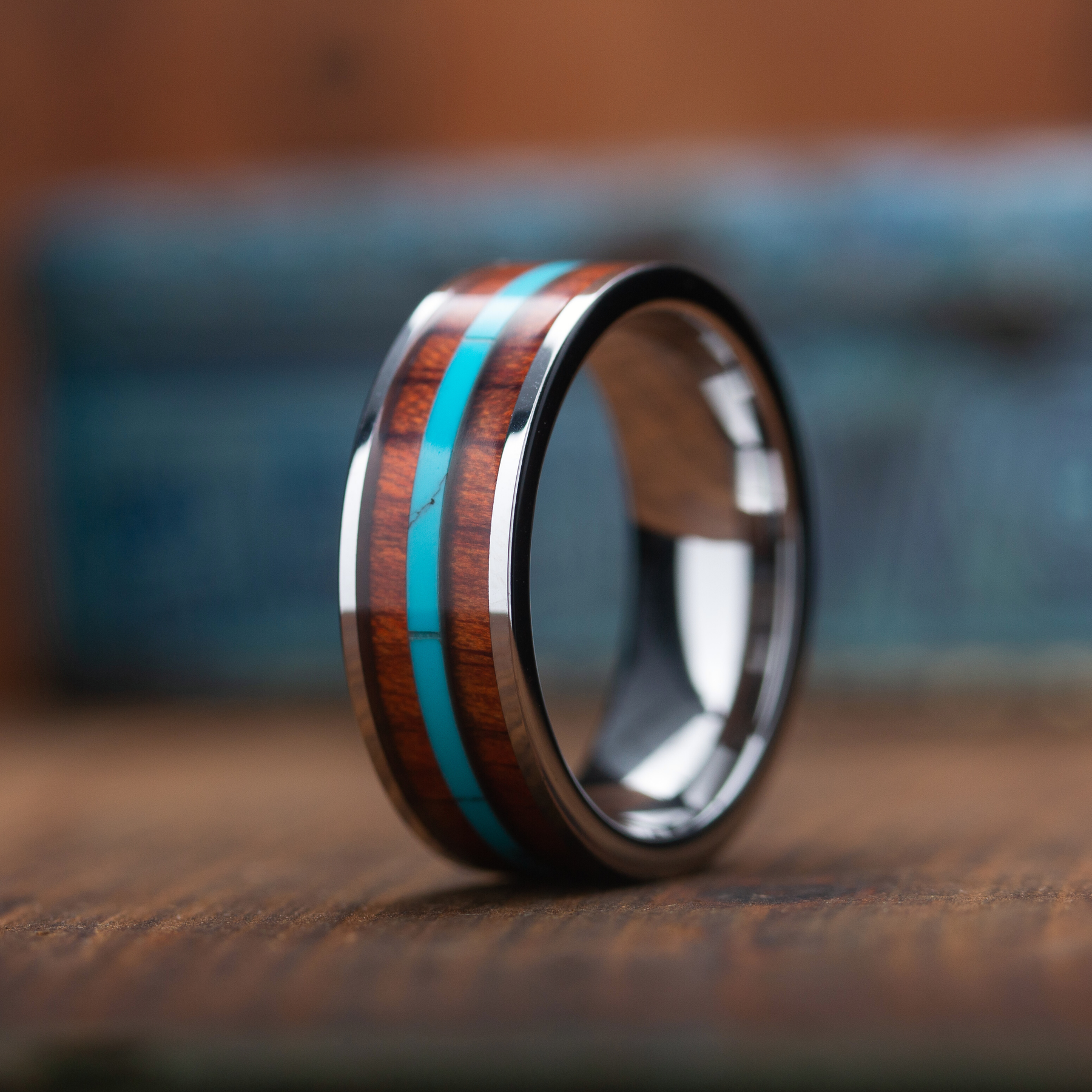 Bondi Men s Koa Wood Ring With Turquoise Stripe Men s Wedding