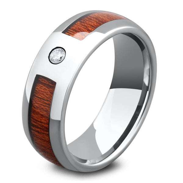 Men's Tungsten Wedding Band With a Wood Inlay and CZ Diamond