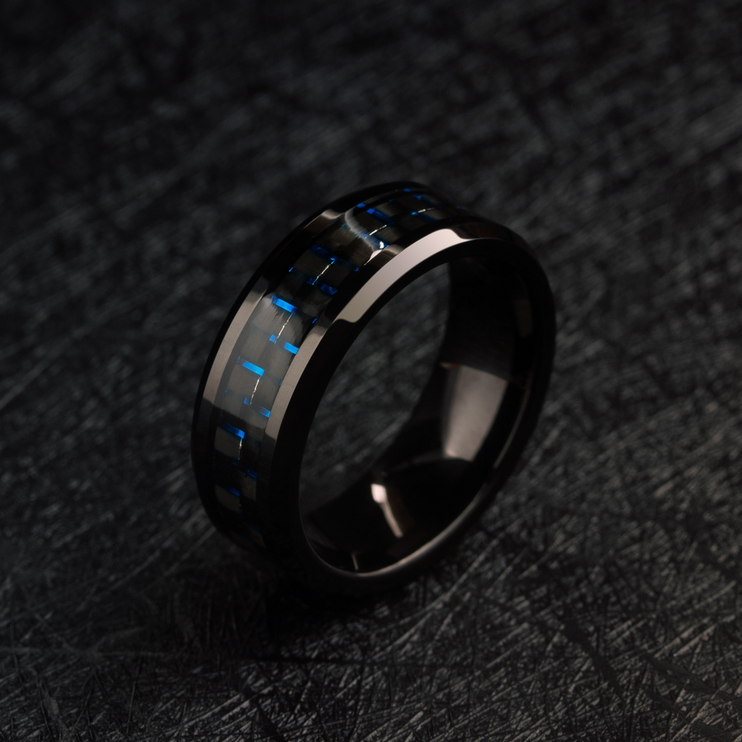 Men's Carbon Fiber Wedding Band Blue and Black Titanium