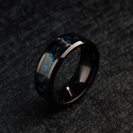 Men's Carbon Fiber Wedding Band Blue and Black Titanium
