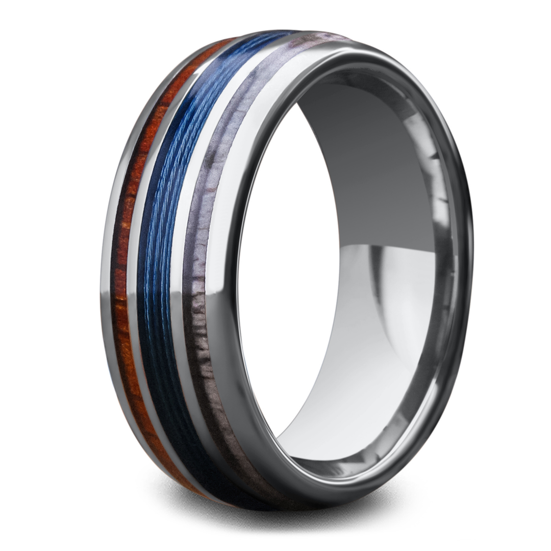Men's - Black Tungsten Wedding Band , Made of Fishing Line, Wood, and Antler, 8mm Width, 9 | Northern Royal
