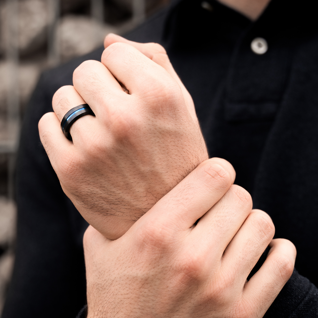Blue Bold Defender 8mm 6mm Charcoal Black Tungsten Wedding Ring With Blue Carved Channel 12.5
