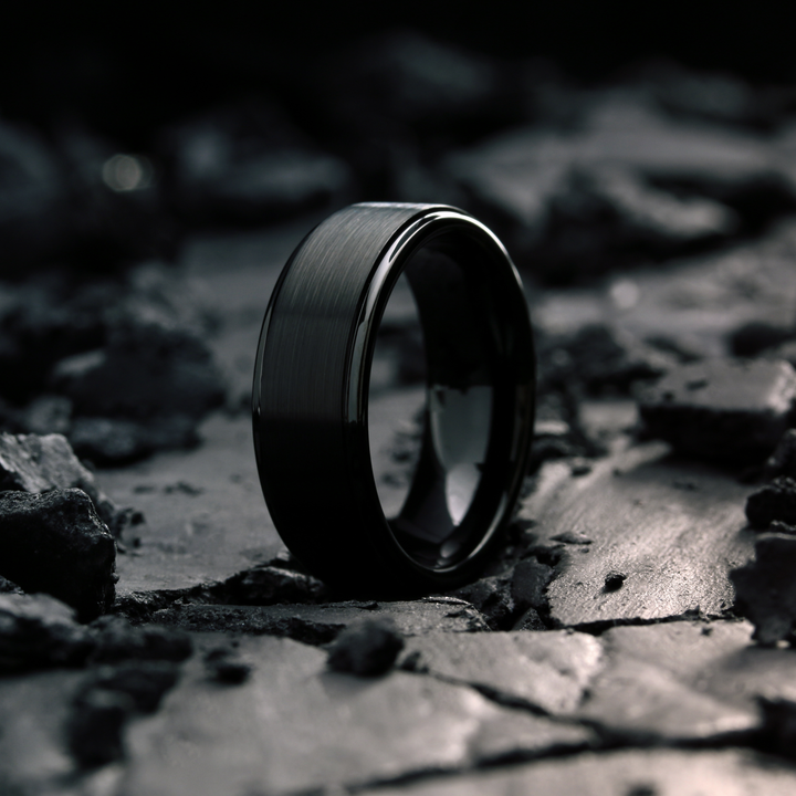 Men's Black Tungsten Wedding Band With Brushed Textured Top