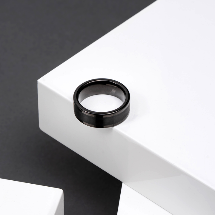 Men's Black Wedding Ring - Men's Modern Wedding Ring - Pipe Cut