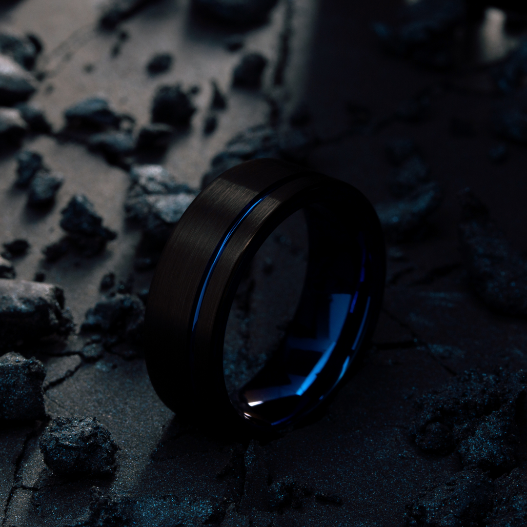 Men's Blue and Black Wedding Band With Offset Blue