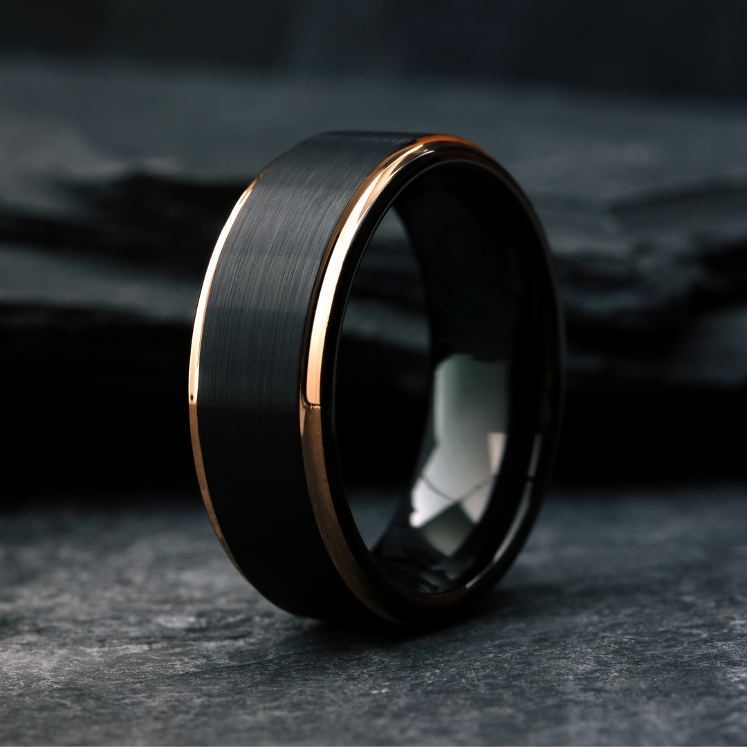 Men's Modern Wedding Ring - Rose Gold and Black