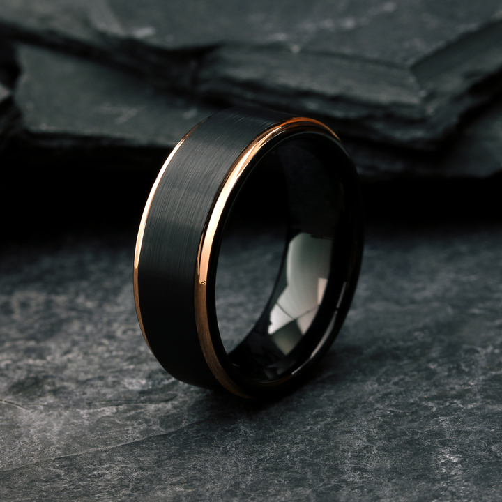 Men's Modern Black and Rose Gold Wedding Ring
