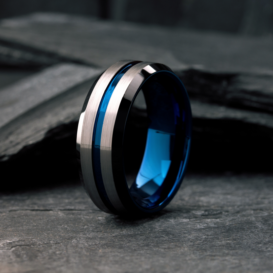 Men's Black, Silver, and Blue Wedding Ring - Men's Modern Wedding Ring
