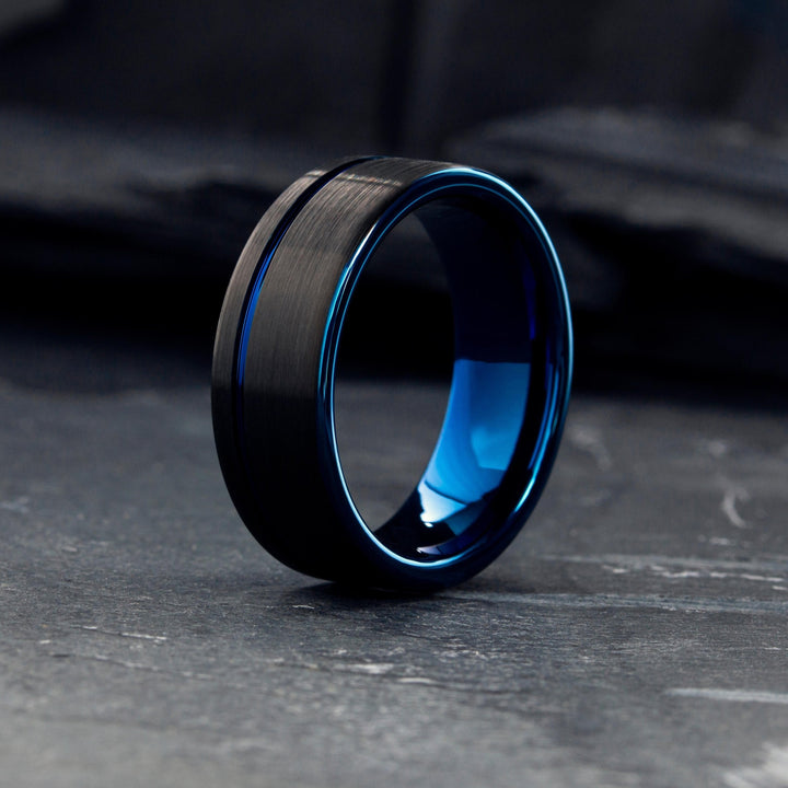 Men's Black and Blue Wedding Ring With Offset Blue Channel