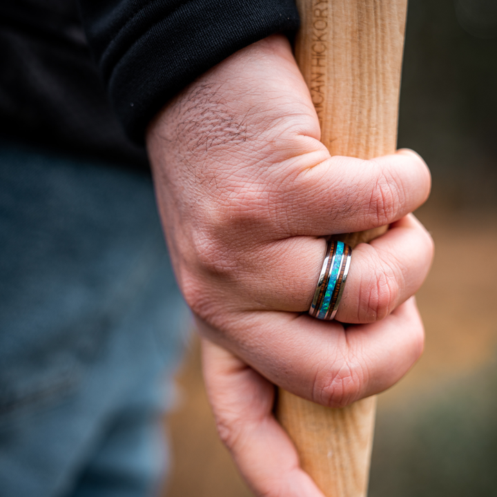 Mens Wedding Ring - Men's Opal and Wood Wedding Ring