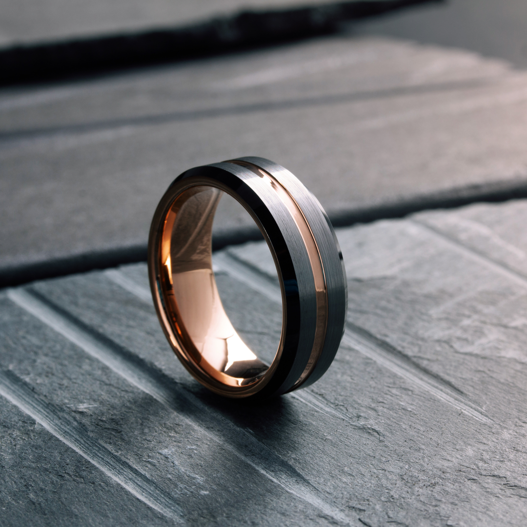 Black Beveled Rose - 8mm Three Tone Brushed Tungsten Wedding Ring With ...