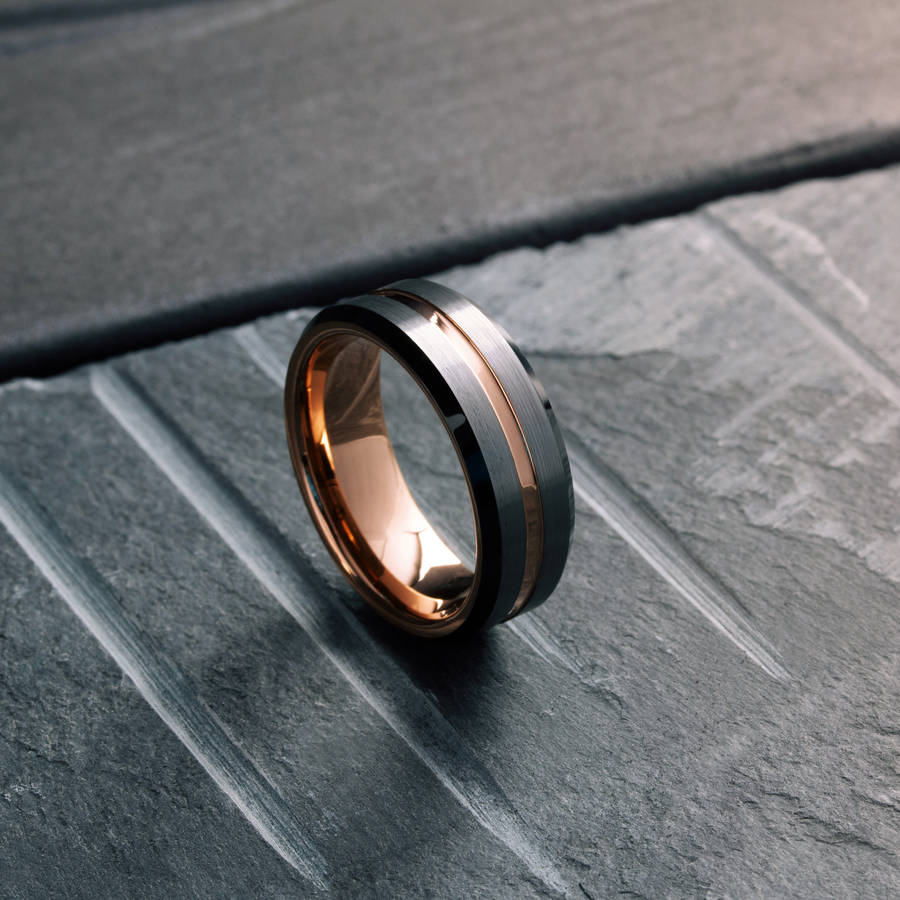 Black Beveled Rose - 8mm Three Tone Brushed Tungsten Wedding Ring With ...