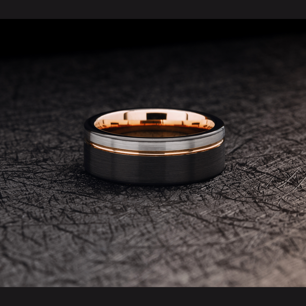 Men's Modern Rose Gold Wedding Band and Black | Engravable 