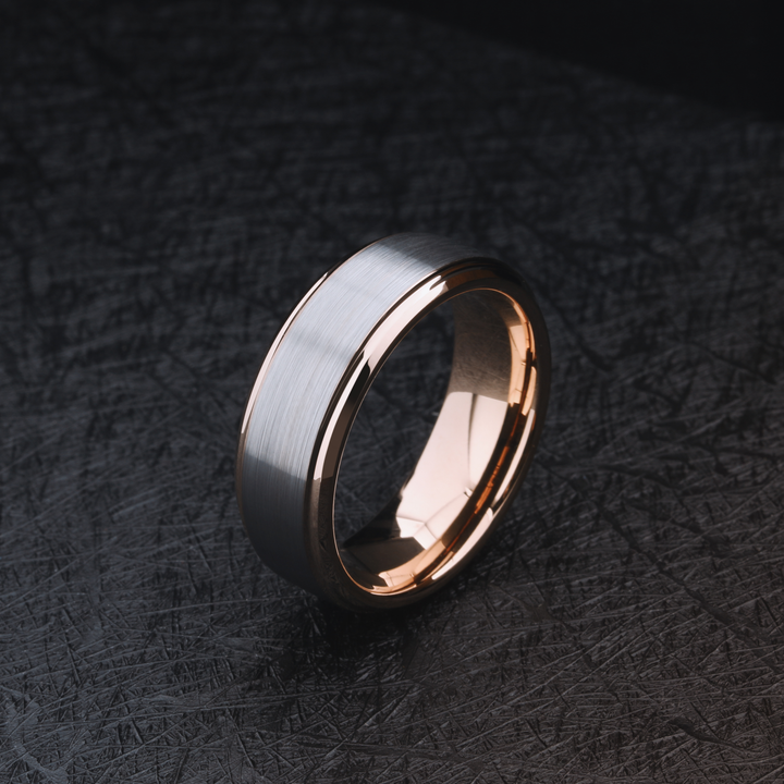 Brushed Silver Rose - ROSE GOLD TUNGSTEN WEDDING BAND WITH BEVELED ...