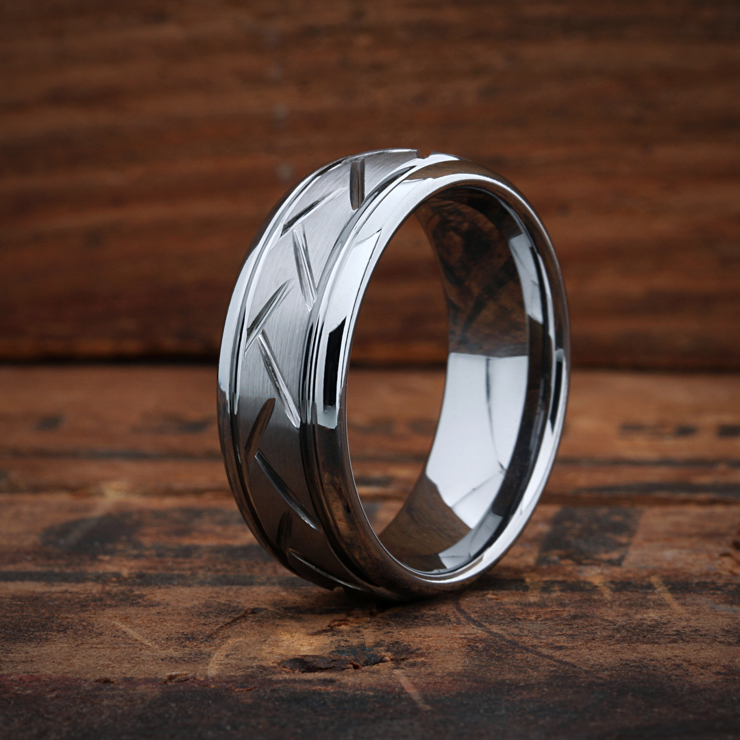 Men's Silver Tungsten Wedding Band With Carved Grooves